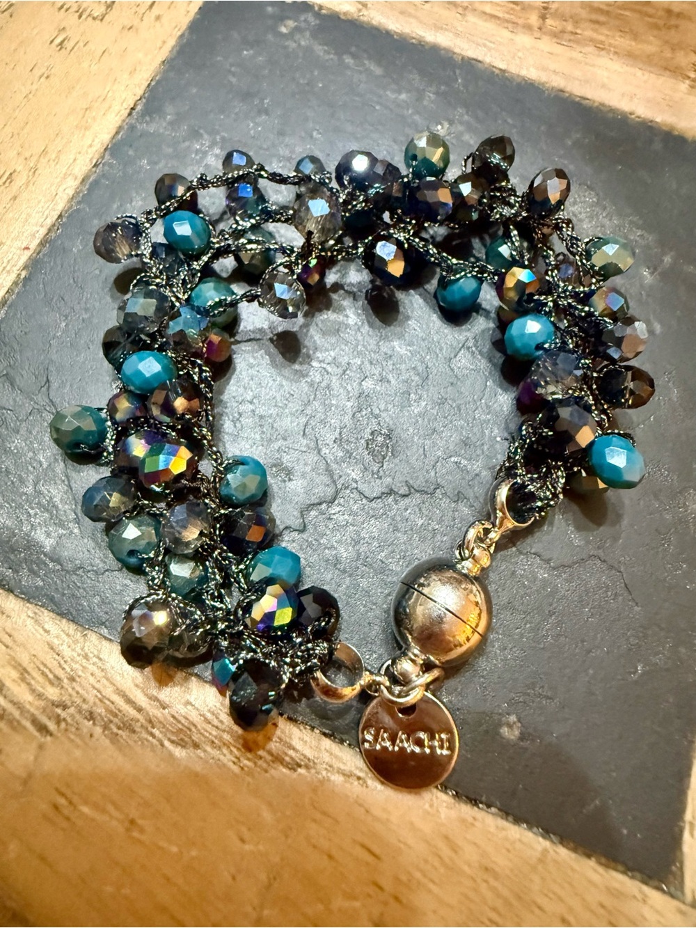 SAACHI Teal & Iridescent Multi-Strand Beaded Bracelet